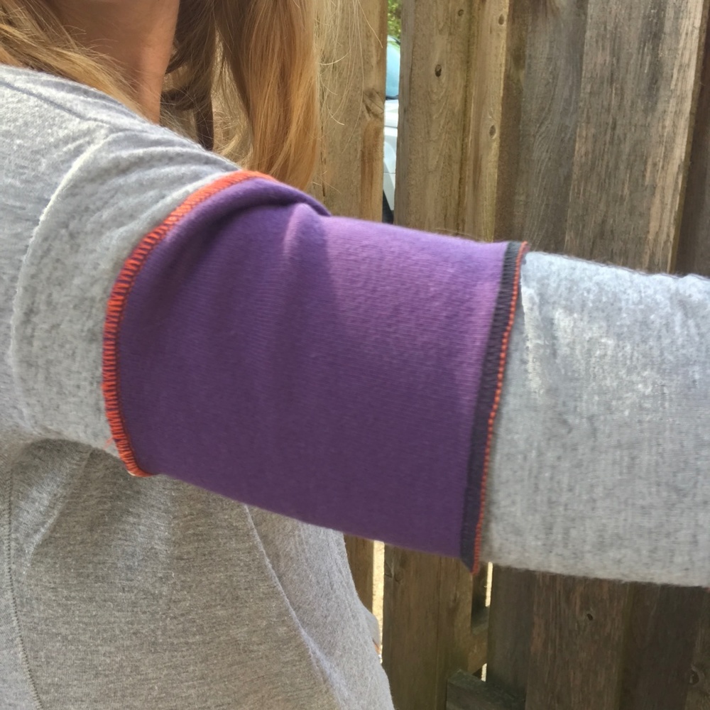 Upcycled Womens Purple Patchwork Shirt Size Medium Long Sleeve Gray Thumb Holes - Picture 8 of 12